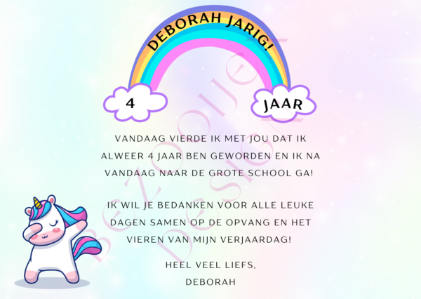 Bedankt kaartjes Opvang - Unicorn